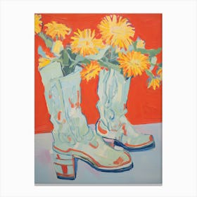 A Painting Of Cowboy Boots With Yellow Flowers, Pop Art Style 3 Canvas Print