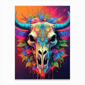 Floral Bull Skull Neon Iridescent Painting (15) Canvas Print