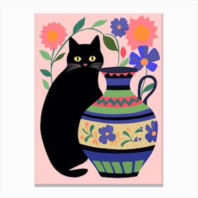 Black Cat With Flowers In A Vase Canvas Print