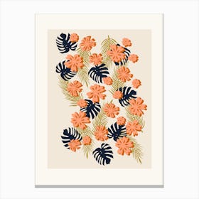 Monstera Palm Leaf And Tropical Flowers Canvas Print