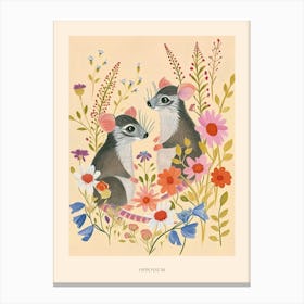 Folksy Floral Animal Drawing Oppossum 2 Poster Canvas Print