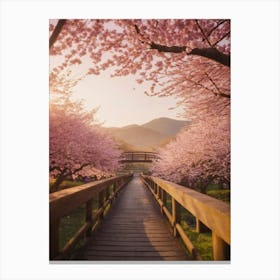 Wooden Bridge Surrounded By Flowers And Trees Canvas Print