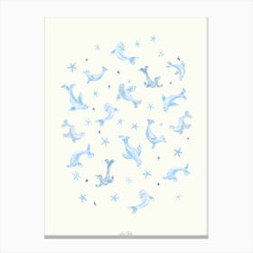 Blue Playful Seals Starfish and Snowflakes Canvas Print