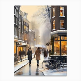 Amsterdam cafes, winter season, Christmas, autumn oil colors, pale colors, pedestrians in the street, winter clothes, falling snow.4 3 Lienzo