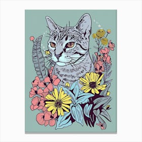 Cute Egyptian Mau Cat With Flowers Illustration 2 Canvas Print
