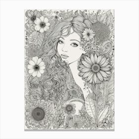 Doodle Girl With Flowers Canvas Print