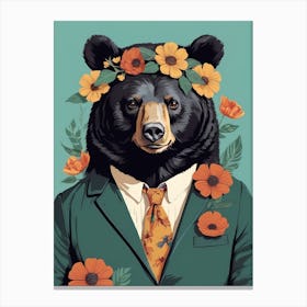 Floral Black Bear Portrait In A Suit (22) Canvas Print