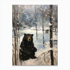 Vintage Winter Animal Painting Black Bear 2 Canvas Print
