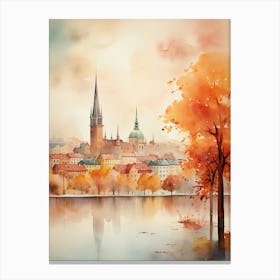 Stockholm Sweden In Autumn Fall, Watercolour 4 Canvas Print