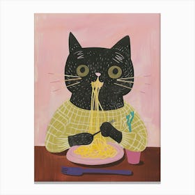 Cute Black Cat Eating Pasta Folk Illustration 3 Canvas Print