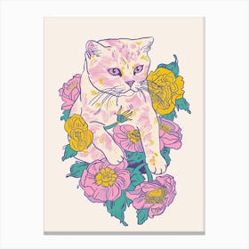 Cute Scottinsh Fold Cat With Flowers Illustration 3 Canvas Print