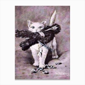 Christmas White Cat With Krampus Doll - Victorian Vintage German Illustration of Xmas Greeting Card Cat Playing With Bad Santa Toy Remastered HD Yule Canvas Print