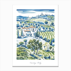 Tuscany Italy Hills Illustration Line Art Travel Blue Canvas Print