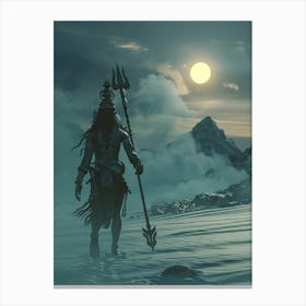 Hyperreal Award Winning Photography, Octane Render, Cinematic Lighting, An Alien Hybrid Humanoid Shiva Mahakaal Walking Through Smoke Filled Himalayan Mountains Holding A Trident In One Hand And A Damru Percussion Tribal Drum I Leinwandbild