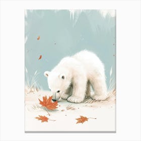 Polar Bear Cub Playing With A Fallen Leaf Storybook Illustration 1 Canvas Print