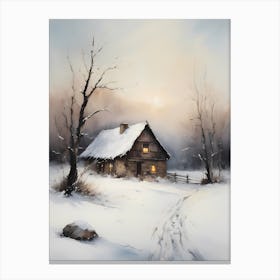 Rustic Winter Oil Painting Vintage Cottage (31) Canvas Print