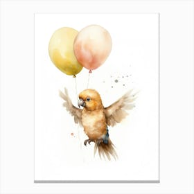 Baby Parrot Flying With Ballons, Watercolour Nursery Art 3 Canvas Print