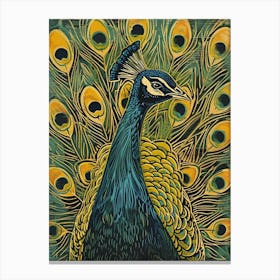 Blue Mustard Linocut Inspired Peacock Feather 3 Canvas Print