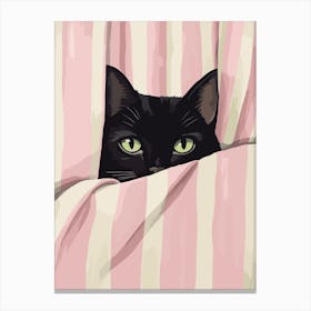 A Black Cat In Bed Pink Green Stripes Watercolor Canvas Print