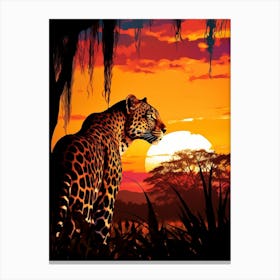 African Leopard Sunset Silhouette Painting 1 Canvas Print