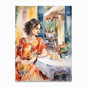 At A Cafe In Cadiz Spain Watercolour Canvas Print