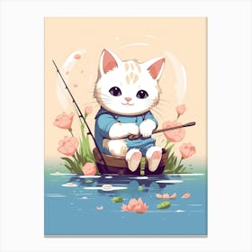 Kawaii Cat Drawings Fishing 2 Canvas Print