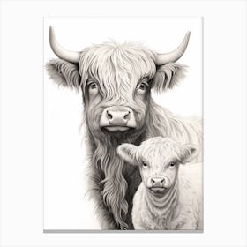 Black & White Illustration Of Highland Cow & Calf Canvas Print