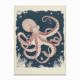 Octopus In The Ocean Linocut Style Canvas Print