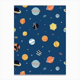 Scattered Planets, Stars, and Galaxies Multicolor on Navy Blue Canvas Print