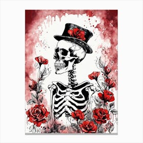Floral Skeleton With Hat Ink Painting (79) Canvas Print