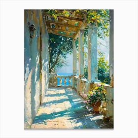 Mediterranean Terrace Sunscape Painting by John Arwen | Italian Greek Spanish Art Print Vibrant Dreamy Landscape in HD Canvas Print