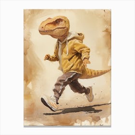 Dinosaur Running In A Hoodie Beige Canvas Print