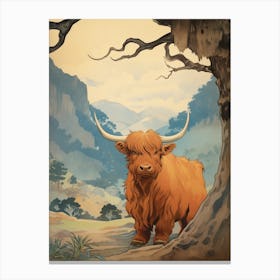 Brown Highland Cow In The Forest Canvas Print