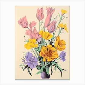 Colourful Flowers In A Vase In Risograph Style 11 Canvas Print