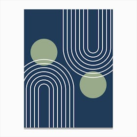 Mid Century Modern Geometric In Navy Blue And Sage Green (Rainbow And Sun Abstract) 01 Canvas Print