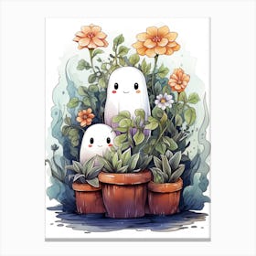 Cute Bedsheet Ghost, Botanical Halloween Watercolour 117 Canvas Print