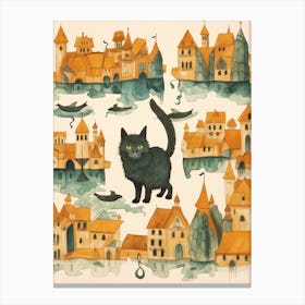 Black Cat With A Medieval Village Canvas Print