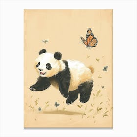Giant Panda Cub Chasing After A Butterfly Storybook Illustration 3 Canvas Print