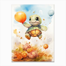Turtle Flying With Autumn Fall Pumpkins And Balloons Watercolour Nursery 2 Canvas Print