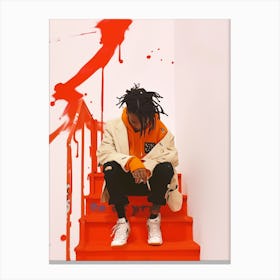 Black Man Wearing Orange Hoody Sitting on Orange Painted Stairs Canvas Print