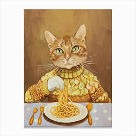 Cute Brown White Cat Eating Pasta Folk Illustration 4 Canvas Print