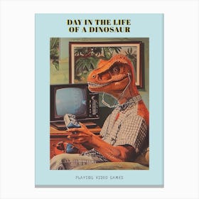Retro Collage Dinosaur Playing Video Games 2 Poster Canvas Print