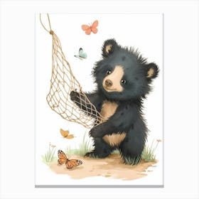 Sloth Bear Cub Playing With A Butterfly Net Storybook Illustration 4 Canvas Print