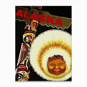 Alaska, Smiling Eskimo And A Wooden Totem Canvas Print