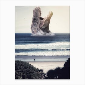Surfing With Giant Dinosaur In Ocean Canvas Print
