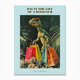 Dinosaur With Shopping Bags Retro Collage Poster Canvas Print