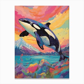 Vivid Surreal Rainbow Orca Whale With Mountain 2 Canvas Print