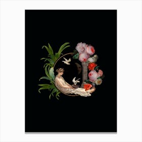 Antique Venus Sitting And Feeding Doves With Flowers Canvas Print