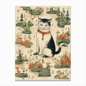 Black & White Cat With Medieval Village Canvas Print