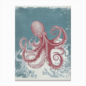 Detailed Red & Navy Linocut Octopus 2 Canvas Print
